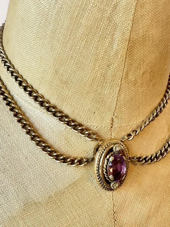 Vintage Necklace, Victorian Revival, Choker, Amethyst, Stone, Purple, Gold - Picture 2 of 8